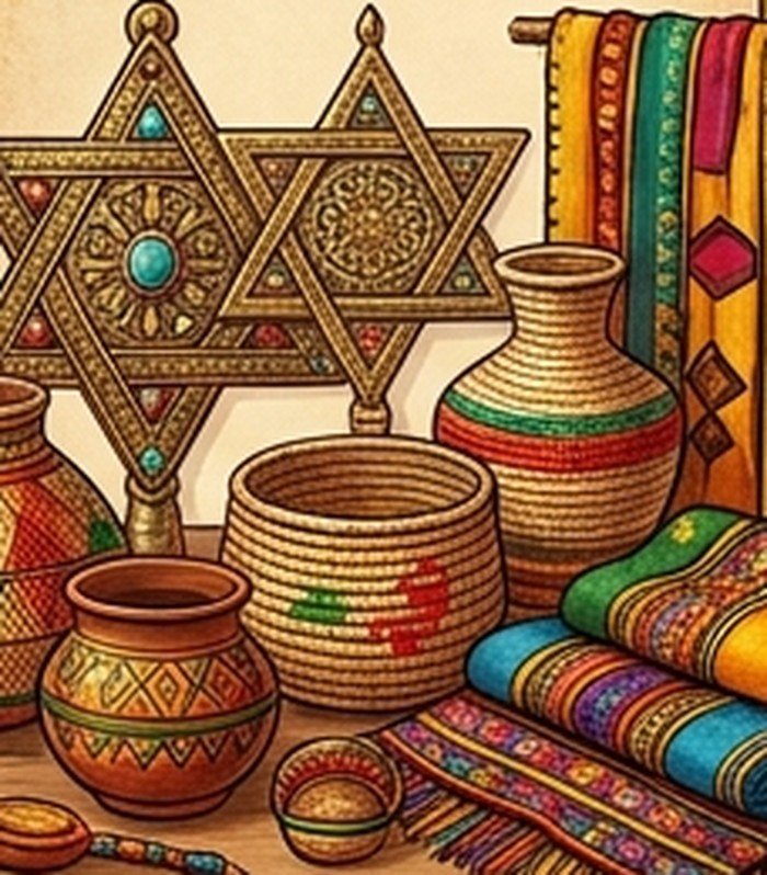 כדי חרס וסלי אריגה מסורתיים לצד בדים צבעוניים ופריטי אומנות אתיופיים